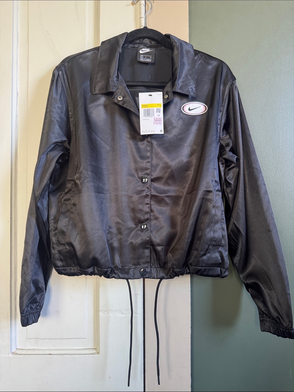 Nike Black Satin Bomber Coach Jacket with Patch Logo